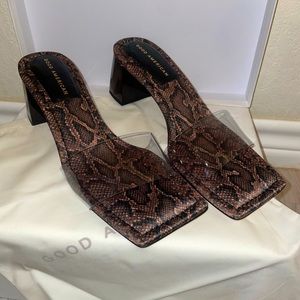 Good American Block Heel Slide Sandal Brown Snake Size 9.5 GA119K-X